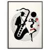 Dynamic jazz dancers in motion against an orange and white background - in a black frame