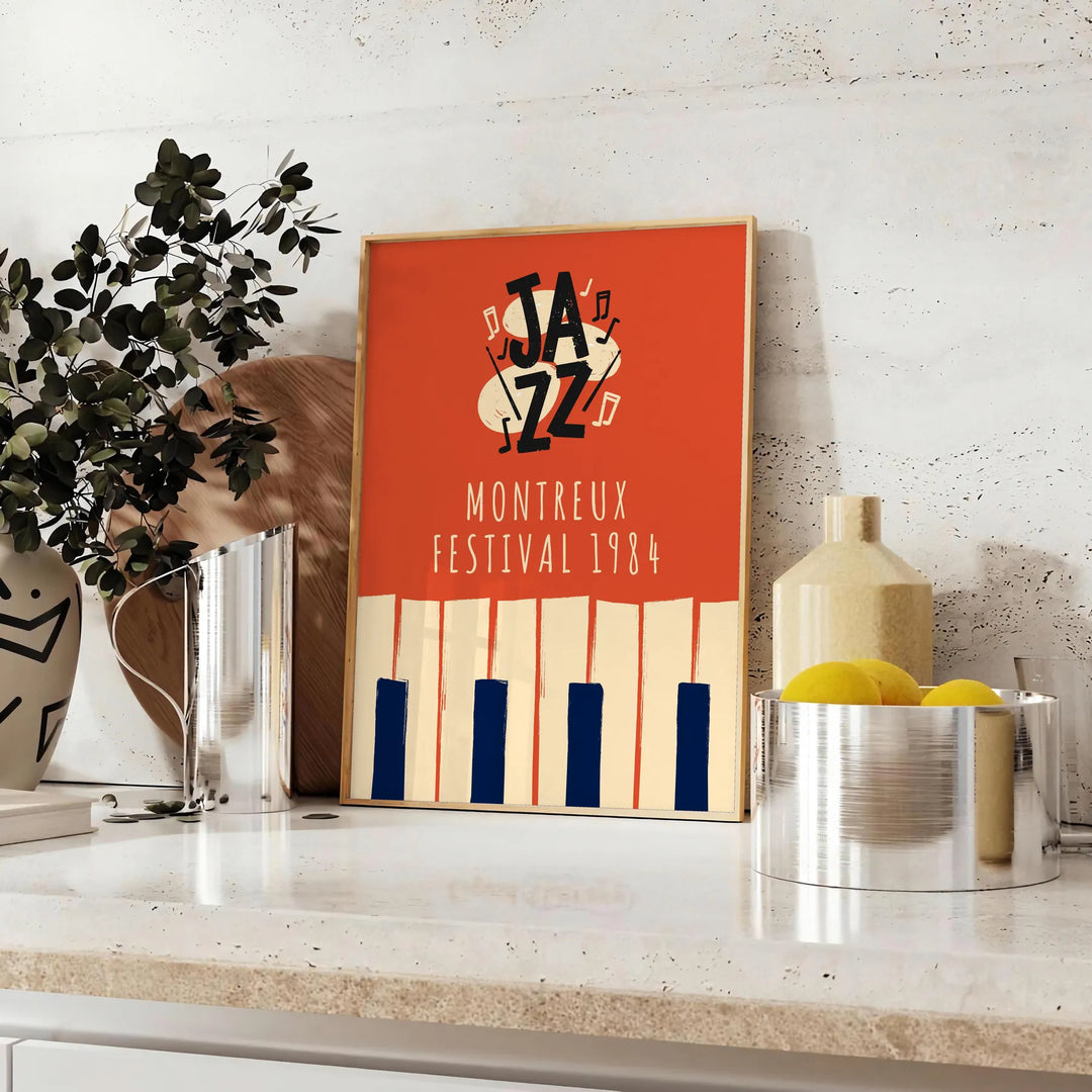 Abstract depiction of musicians playing at a jazz festival with green and black tones - styled on a counter with eucalyptus and a bowl of lemons