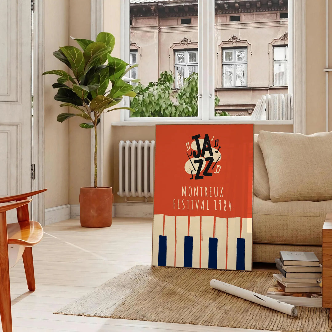 Abstract depiction of musicians playing at a jazz festival with green and black tones - in a Parisian living room with a sofa and a fig plant