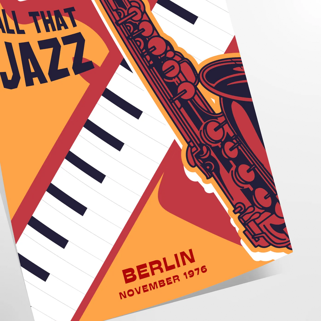 En djärv jazzfestivalaffisch med dynamiska orange och svarta färger - som ett rullat tryck utan ram
