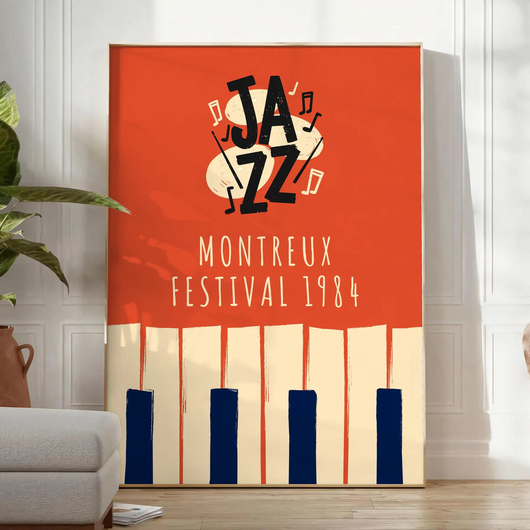 A lively jazz festival scene with musicians playing instruments in black and green tones - in a bright minimalist room with a plant and an armchair
