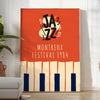 A lively jazz festival scene with musicians playing instruments in black and green tones - in a bright minimalist room with a plant and an armchair