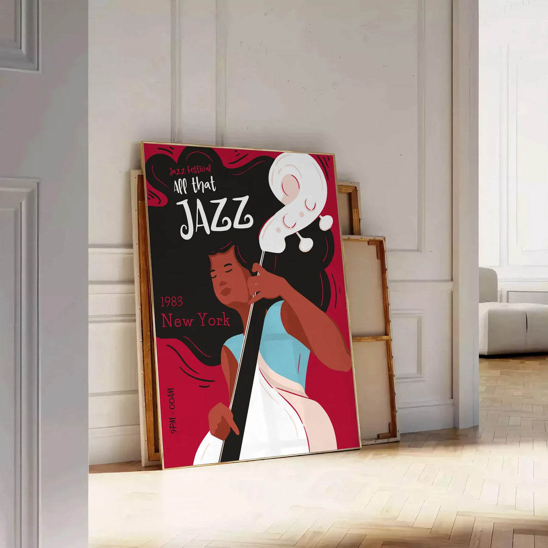 Colorful abstract design featuring musical instruments and notes for a Jazz Festival - leaning on a herringbone floor against a white panelled wall