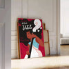Colorful abstract design featuring musical instruments and notes for a Jazz Festival - leaning on a herringbone floor against a white panelled wall