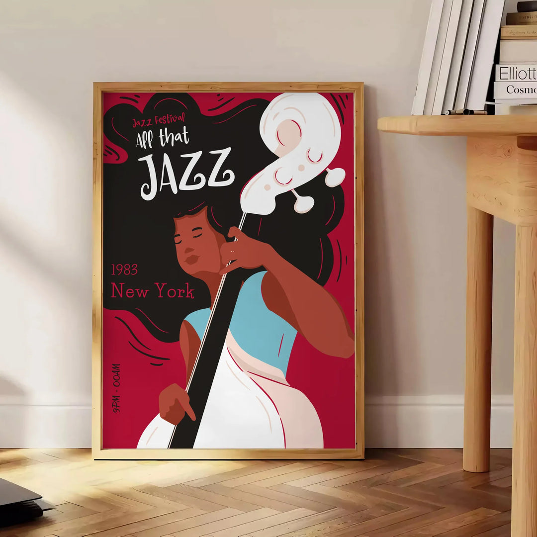 Colorful abstract design featuring musical instruments and notes for a Jazz Festival - beside a round wooden side table with books