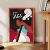 Colorful abstract design featuring musical instruments and notes for a Jazz Festival - beside a round wooden side table with books