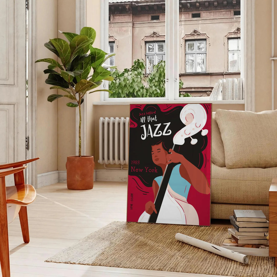 Colorful abstract design featuring musical instruments and notes for a Jazz Festival - in a Parisian living room with a sofa and a fig plant