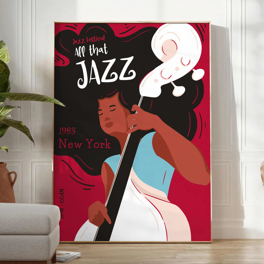 Colorful abstract design featuring musical instruments and notes for a Jazz Festival - in a bright minimalist room with a plant and an armchair