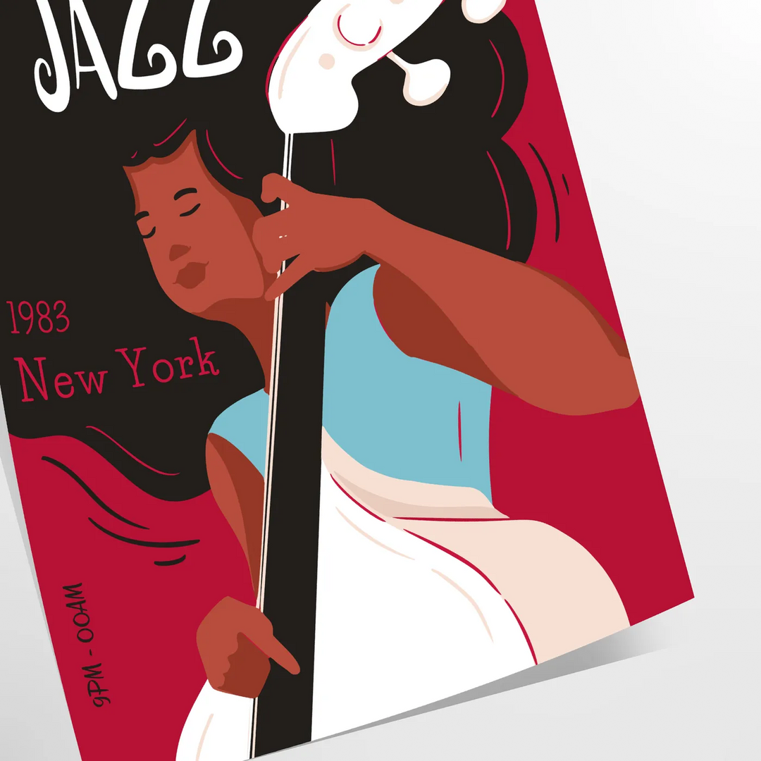 Representação abstrata de um festival de jazz com instrumentos musicais em tons de verde e preto - como impressão enrolada, sem moldura