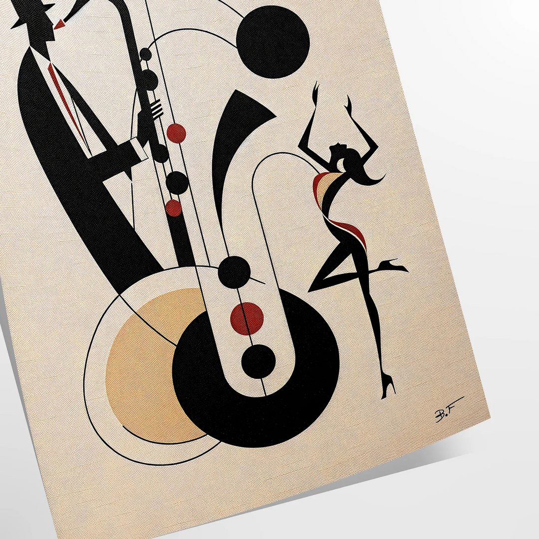 Dynamic scene of jazz dancers in motion, featuring black and orange hues - as a rolled, unframed print