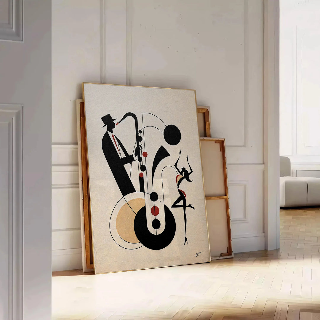Dynamic scene of jazz dancers in motion, featuring black and orange hues - leaning on a herringbone floor against a white panelled wall