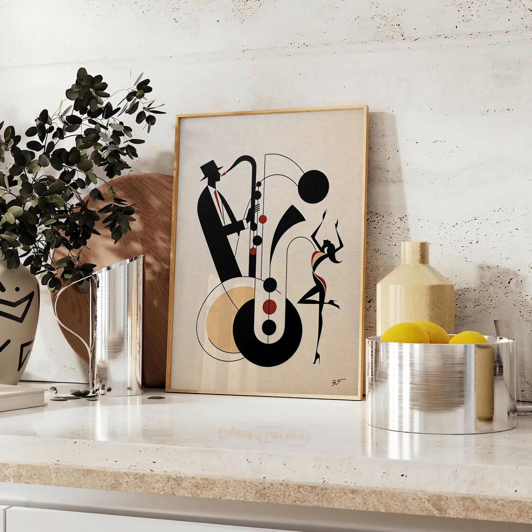 Dynamic scene of jazz dancers in motion, featuring black and orange hues - styled on a counter with eucalyptus and a bowl of lemons