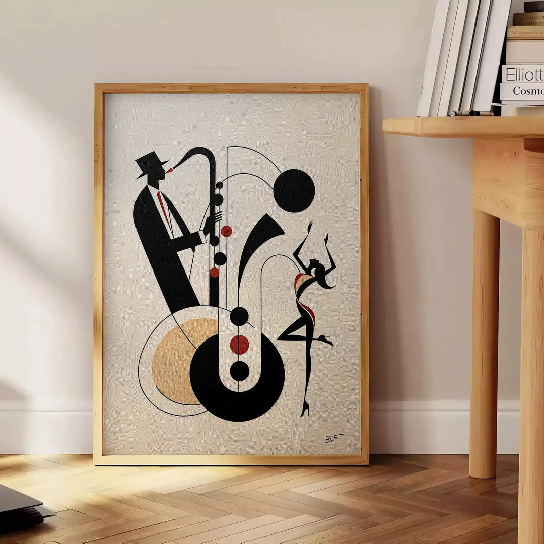 Dynamic scene of jazz dancers in motion, featuring black and orange hues - beside a round wooden side table with books