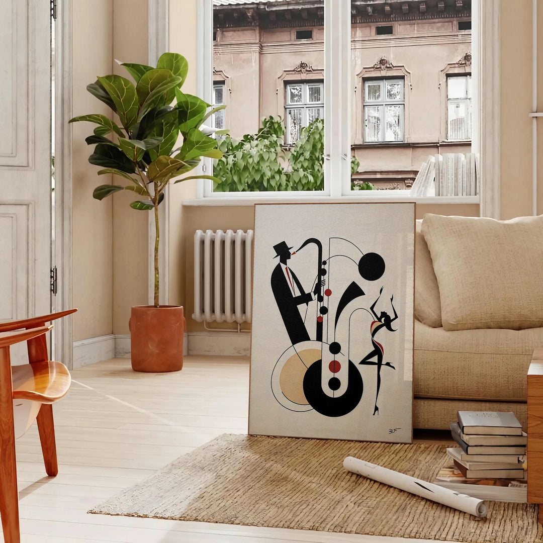 Dynamic scene of jazz dancers in motion, featuring black and orange hues - in a Parisian living room with a sofa and a fig plant