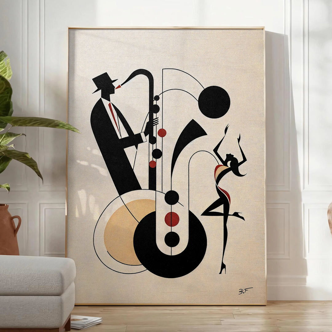 Dynamic scene of jazz dancers in motion, featuring black and orange hues - in a bright minimalist room with a plant and an armchair