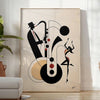 Dynamic scene of jazz dancers in motion, featuring black and orange hues - in a bright minimalist room with a plant and an armchair