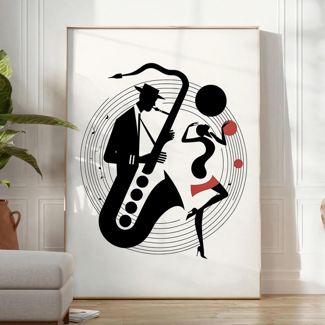 Dynamic jazz dancers in motion against an orange and white background - in a bright minimalist room with a plant and an armchair