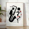Dynamic jazz dancers in motion against an orange and white background - in a bright minimalist room with a plant and an armchair