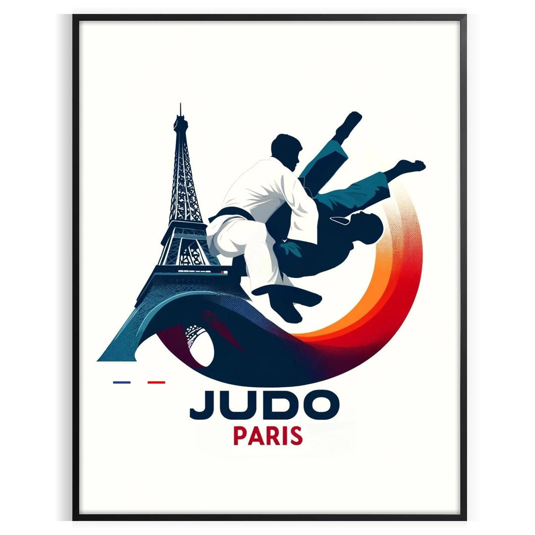 Poster showing stylized judo illustration in Paris theme, bold graphic design