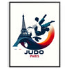 Pôster com ilustração estilizada de judo tema Paris, design gráfico marcante - numa moldura preta