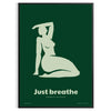 A serene yoga scene with calming green and gray tones - in a black frame
