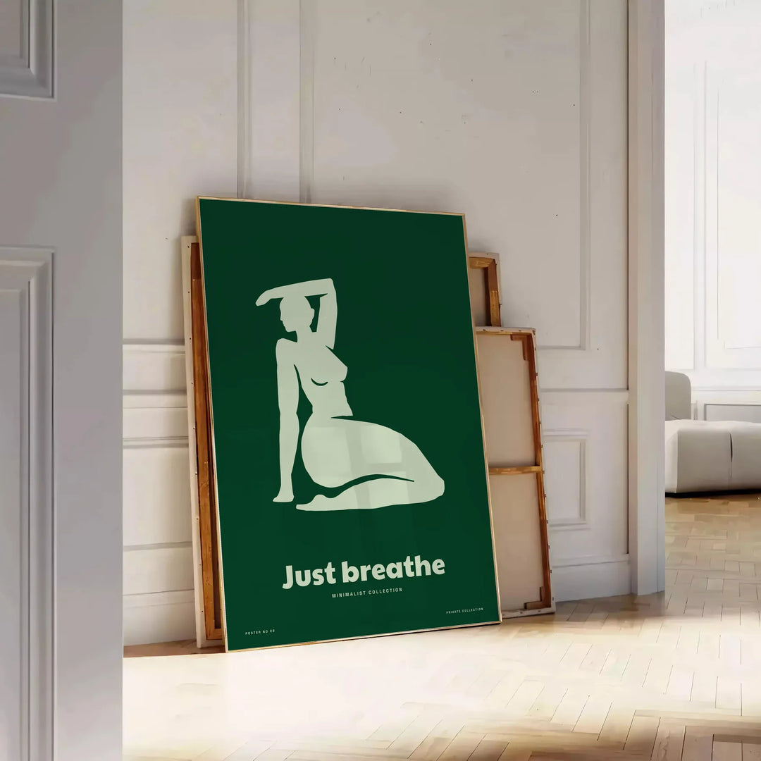 A serene yoga scene with calming green and gray tones - leaning on a herringbone floor against a white panelled wall