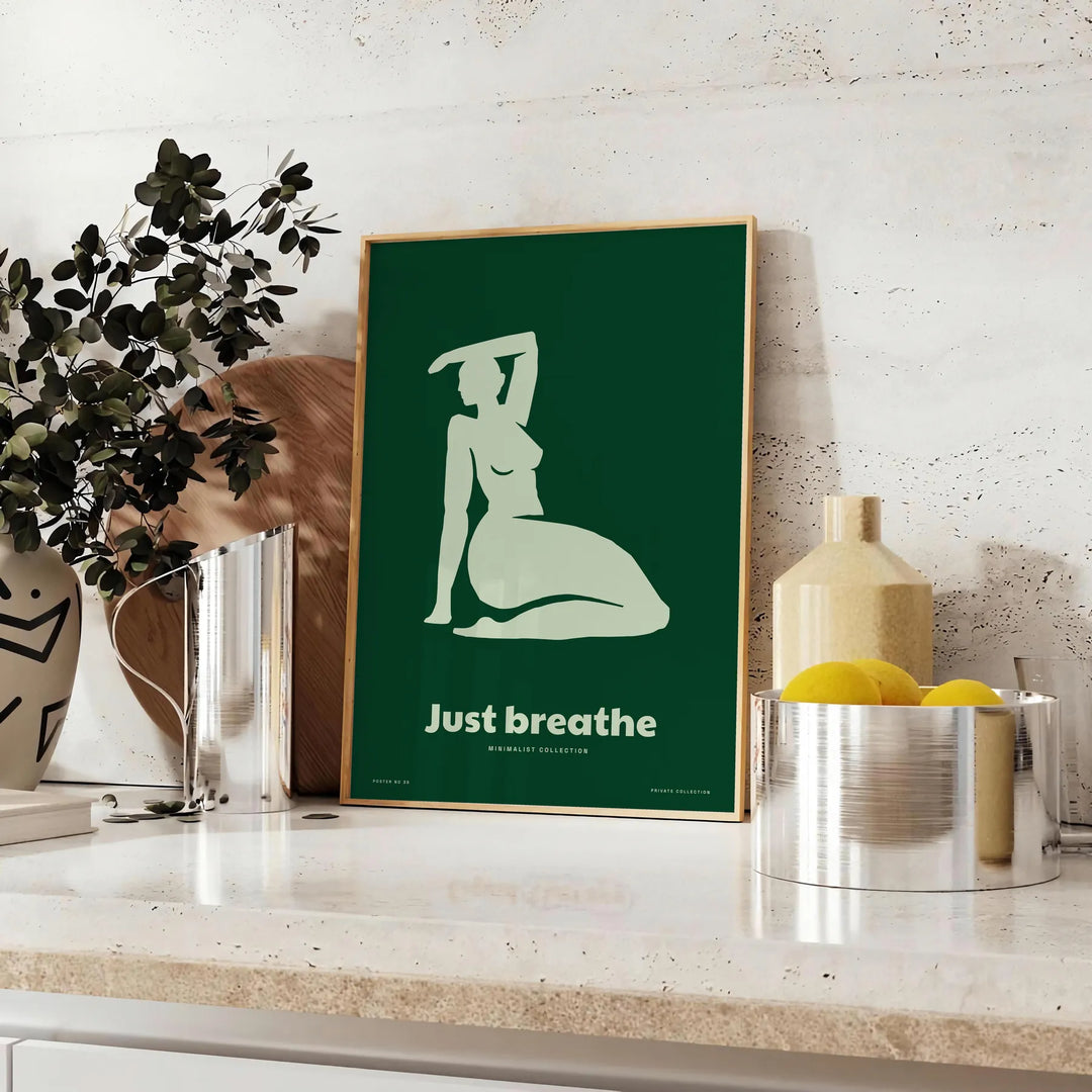 A serene yoga scene with calming green and gray tones - styled on a counter with eucalyptus and a bowl of lemons