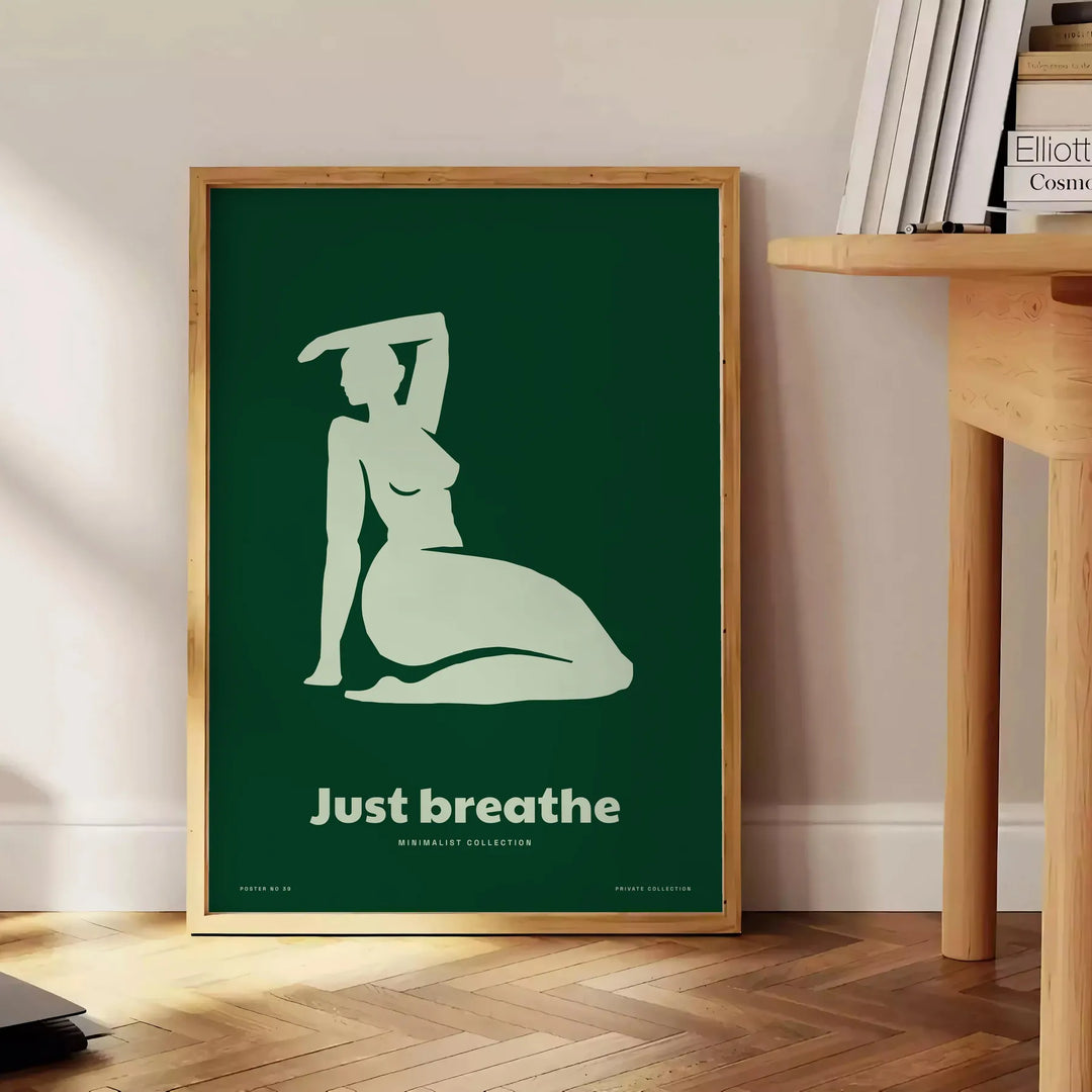 A serene yoga scene with calming green and gray tones - beside a round wooden side table with books