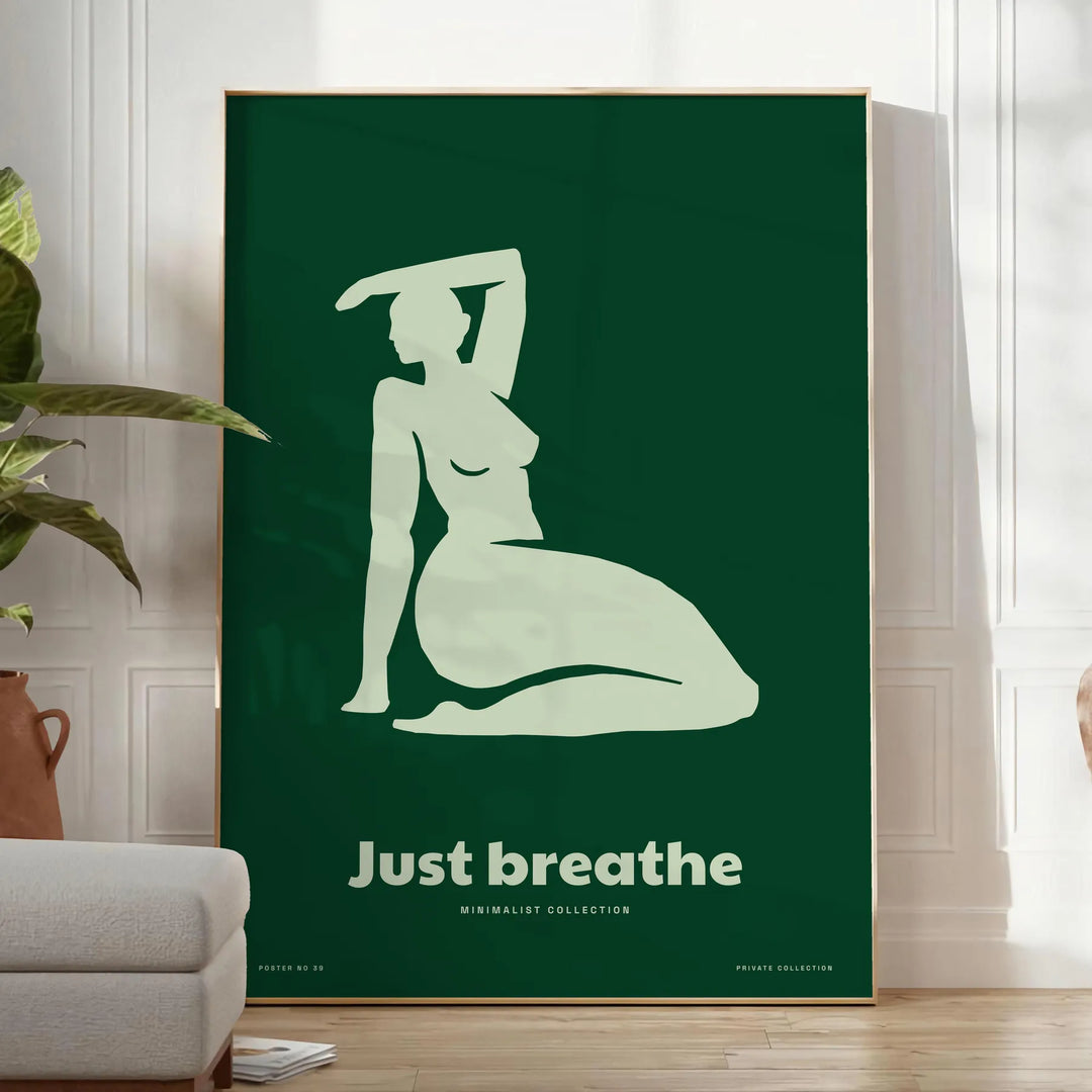 A serene yoga scene with calming green and gray tones - in a bright minimalist room with a plant and an armchair