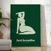 A serene yoga scene with calming green and gray tones - in a bright minimalist room with a plant and an armchair