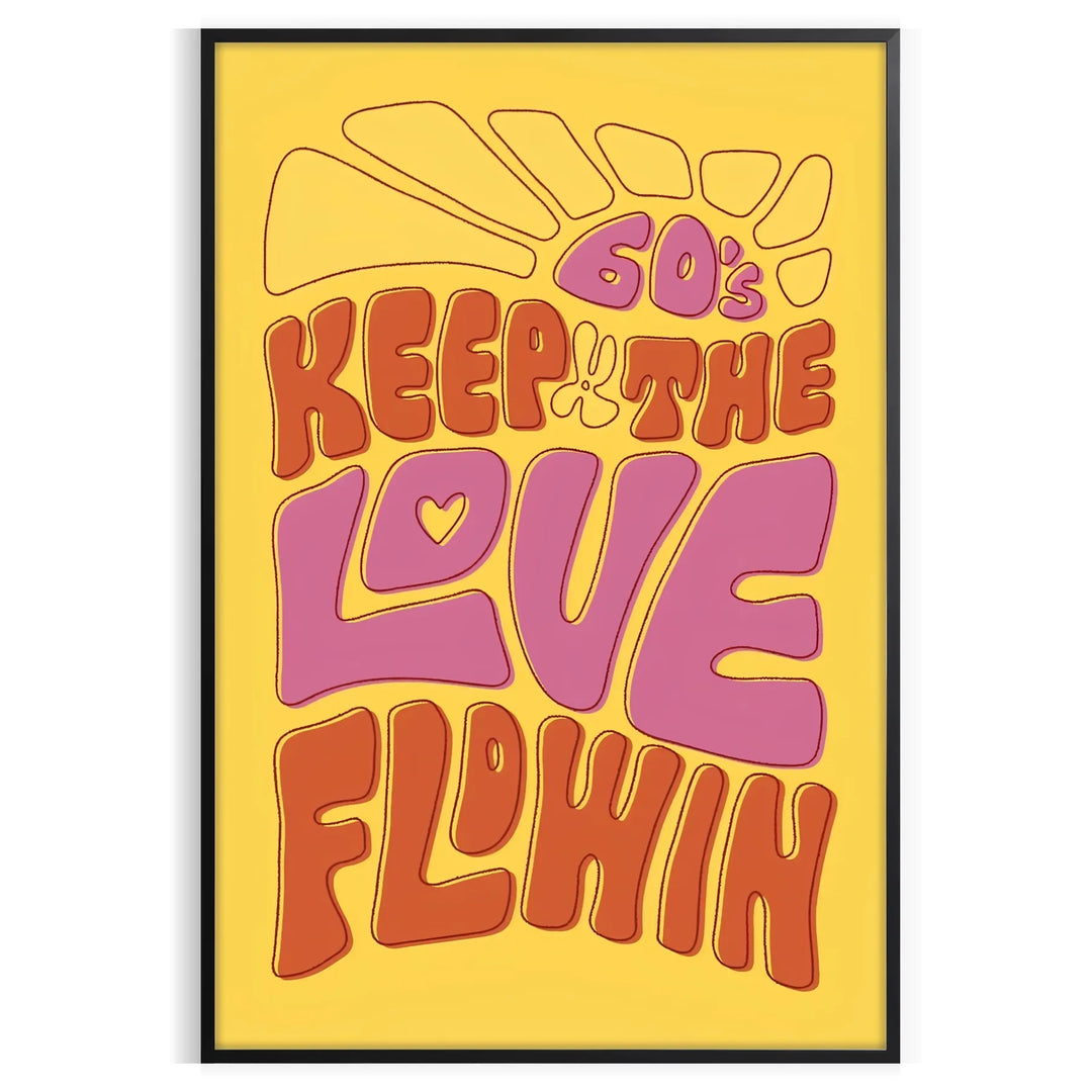 Retro-style illustration with flowing text in yellow and green hues - in a black frame