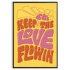 Retro-style illustration with flowing text in yellow and green hues - in a black frame