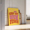 Retro-style illustration with flowing text in yellow and green hues - leaning on a herringbone floor against a white panelled wall