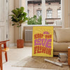 Retro-style illustration with flowing text in yellow and green hues - in a Parisian living room with a sofa and a fig plant