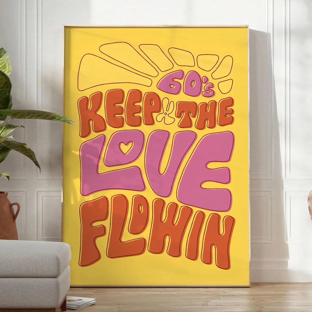 Retro-style illustration with flowing text in yellow and green hues - in a bright minimalist room with a plant and an armchair