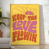 Retro-style illustration with flowing text in yellow and green hues - in a bright minimalist room with a plant and an armchair