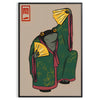 Diseño de kimono colorido con patrones tradicionales sobre un fondo verde - en un marco negro