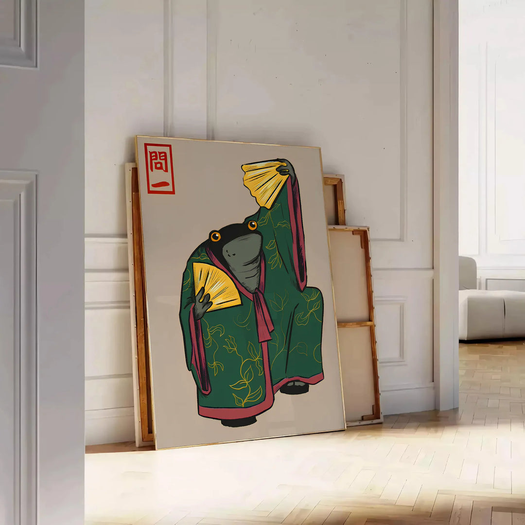 Diseño de kimono colorido con patrones tradicionales sobre un fondo verde - apoyado en un suelo de espiga contra una pared de molduras