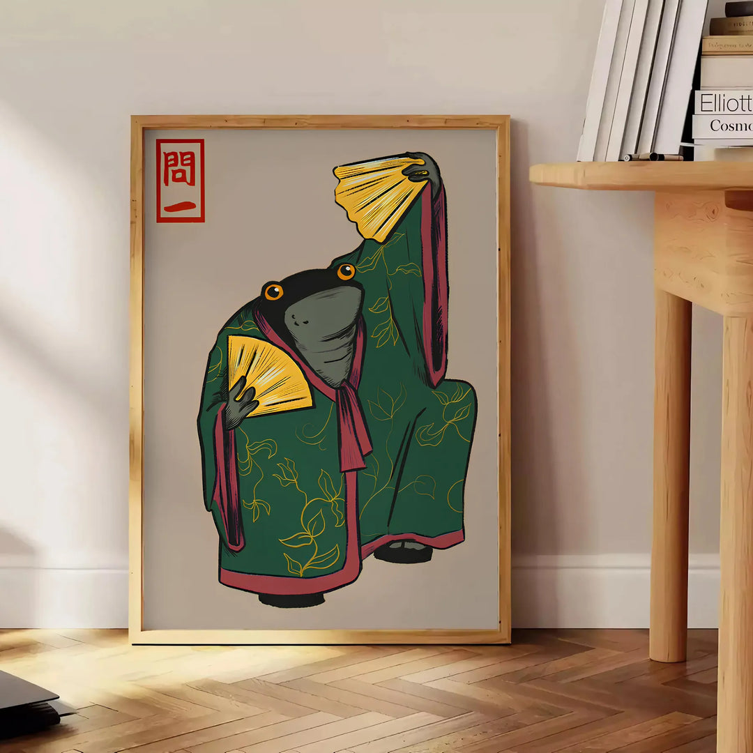 Diseño de kimono colorido con patrones tradicionales sobre un fondo verde - junto a una mesa auxiliar redonda de madera con libros