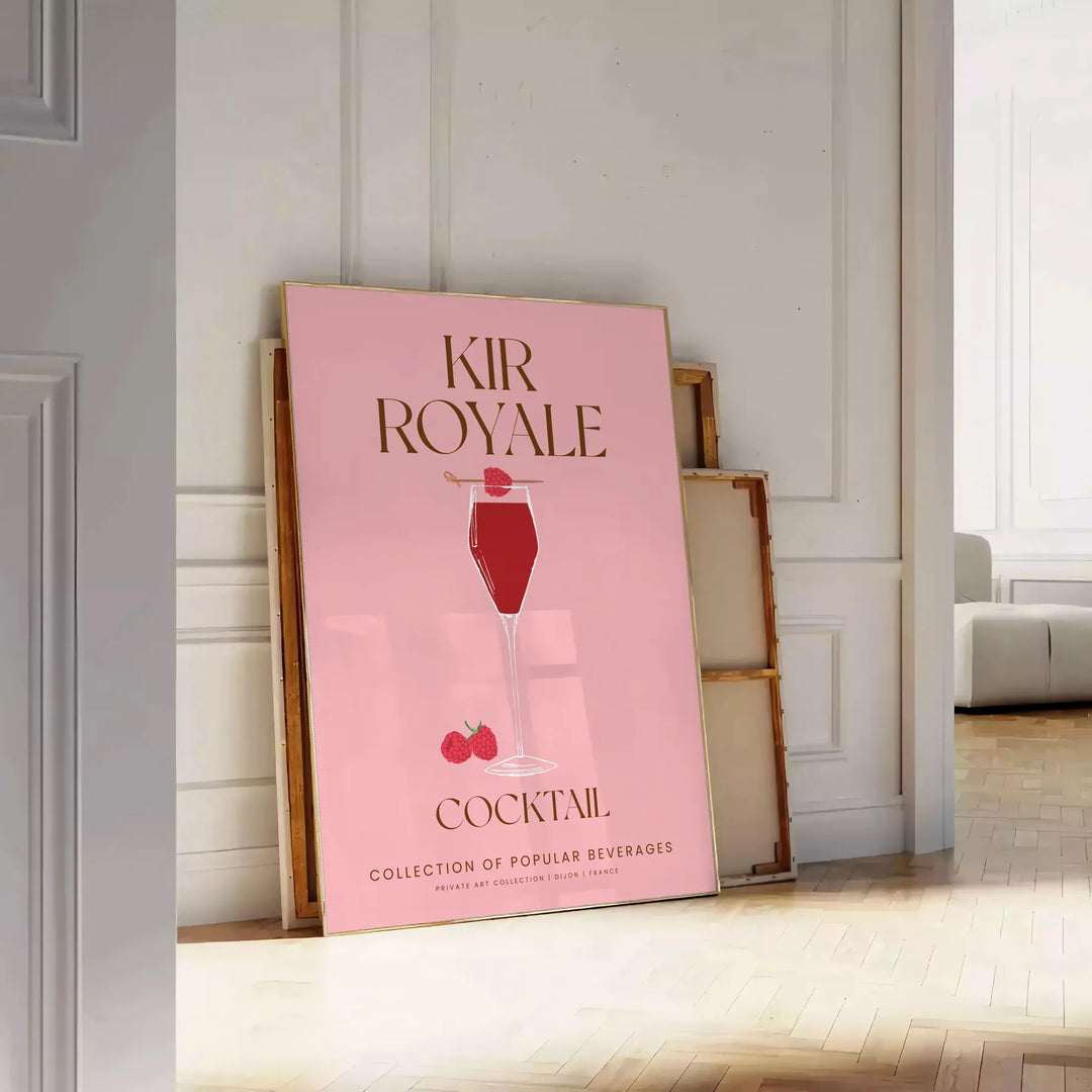 Ilustração de um coquetel Kir Royale em tons de roxo e cinza - encostado num chão de espinha contra uma parede de painéis