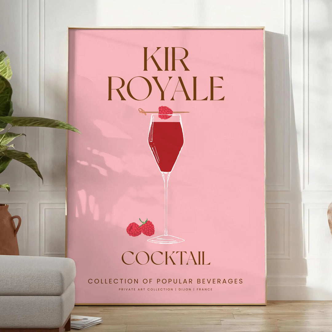 Ilustração de um coquetel Kir Royale em tons de roxo e cinza - num quarto luminoso e minimalista com planta e poltrona
