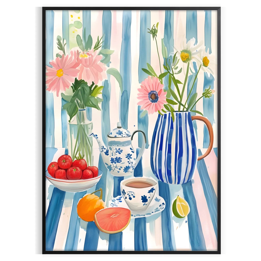 A colorful kitchen scene featuring orange and blue hues in a modern style