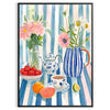 A colorful kitchen scene featuring orange and blue hues in a modern style - in a black frame