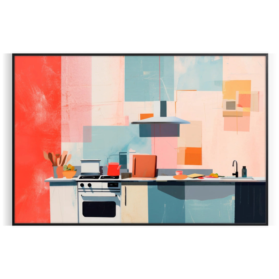 A colorful kitchen scene with orange and blue tones