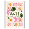 Ilustración de cocina retro con colores verdes y naranjas intensos - en un marco negro