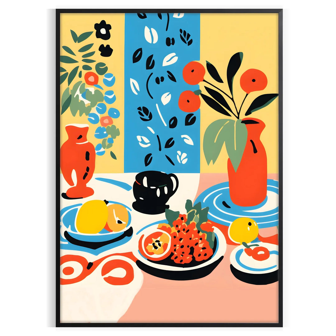 Abstract kitchen scene with orange and blue tones