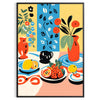 Abstract kitchen scene with orange and blue tones - in a black frame