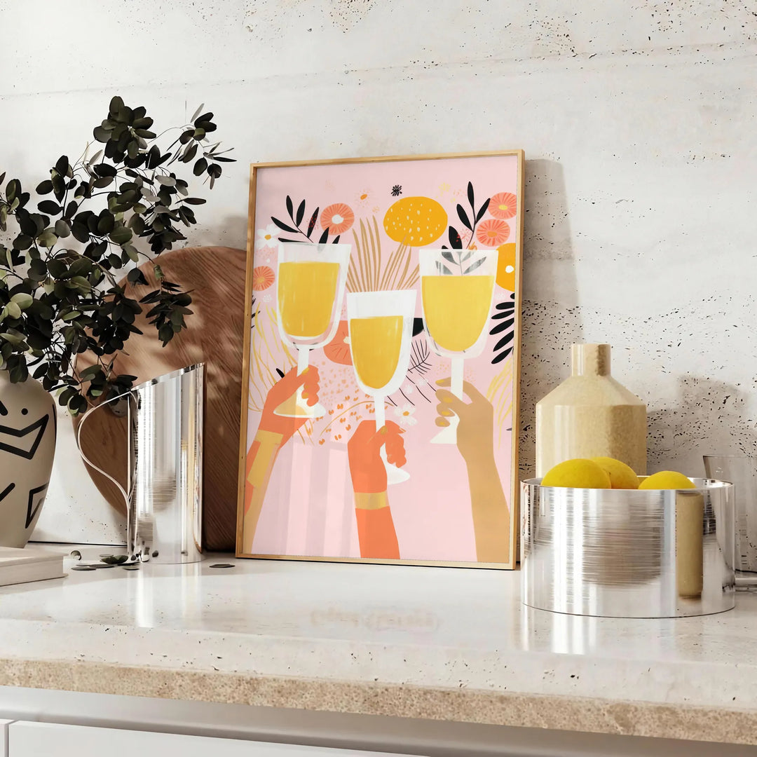 En modern kökscen i svarta och orange toner med kulinariska inslag - på en bänk med eukalyptus och en skål citroner