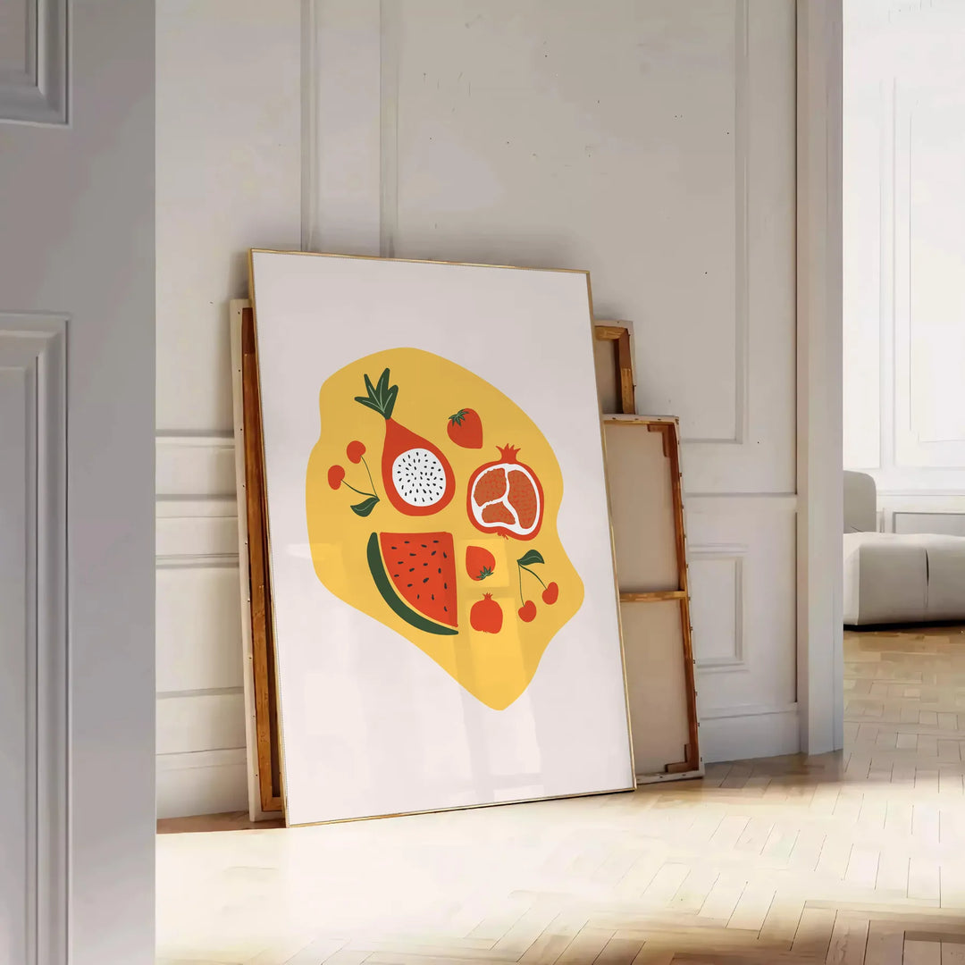 Una scena di cucina colorata con elementi verdi e arancioni, che presenta utensili e ingredienti culinari - appoggiato su un pavimento a spina di pesce contro una parete a pannelli