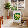 A modern kitchen scene featuring green and white colors with minimalist design elements - in a Parisian living room with a sofa and a fig plant